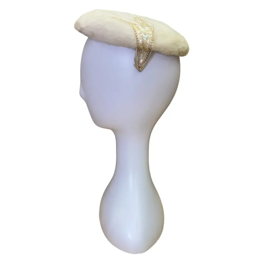 1960s Vintage White Fur Calot Hat Pearl Beaded Vintage Cocktail Topper - Picture 5 of 9
